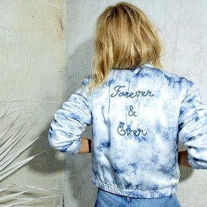 Paige Bomber Jacket Rosie HW Silk Blue and White Tie Die NWOT XS S